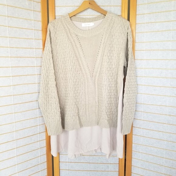 Layered Cable Knit Crew Neck Sweater Wool Blend Beige Size XL NWT - Picture 1 of 12
